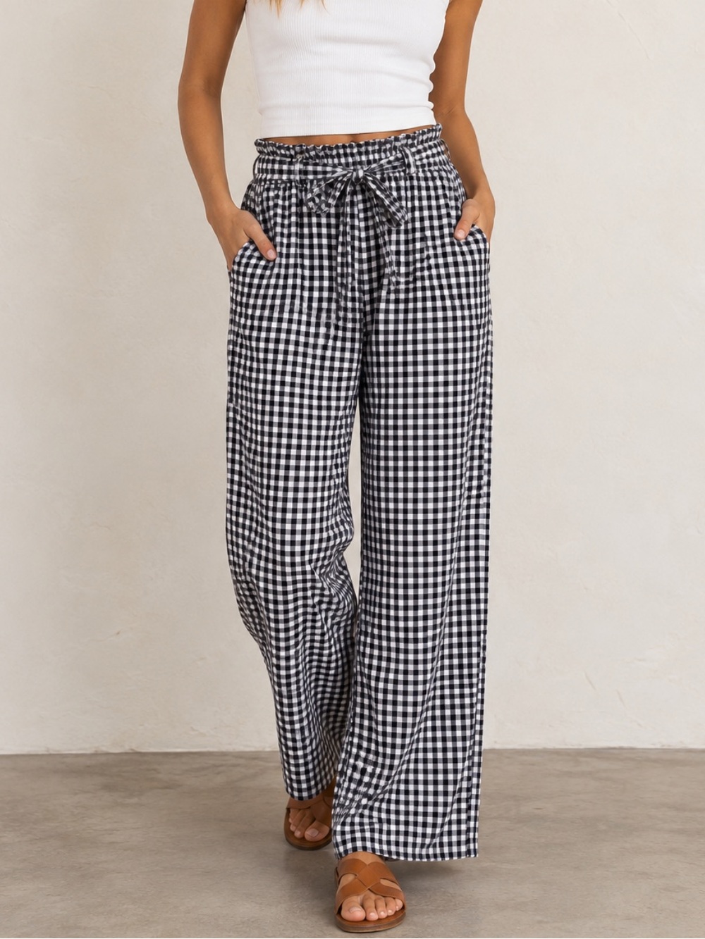 Indigo Rein Black & White Gingham Wide-Leg Linen Blend Pants